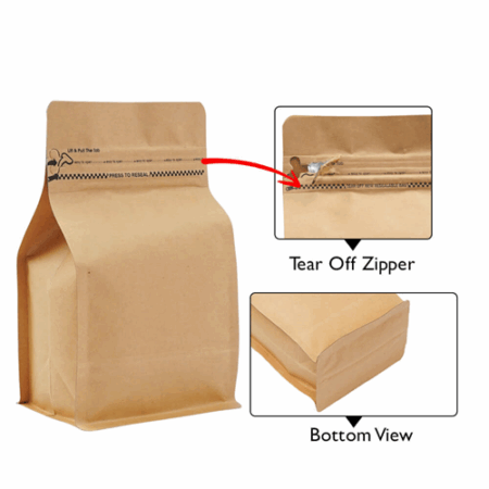 500g Kraft Brown Flat Bottom Pouch – With Pocket Zipper & Degassing Valve